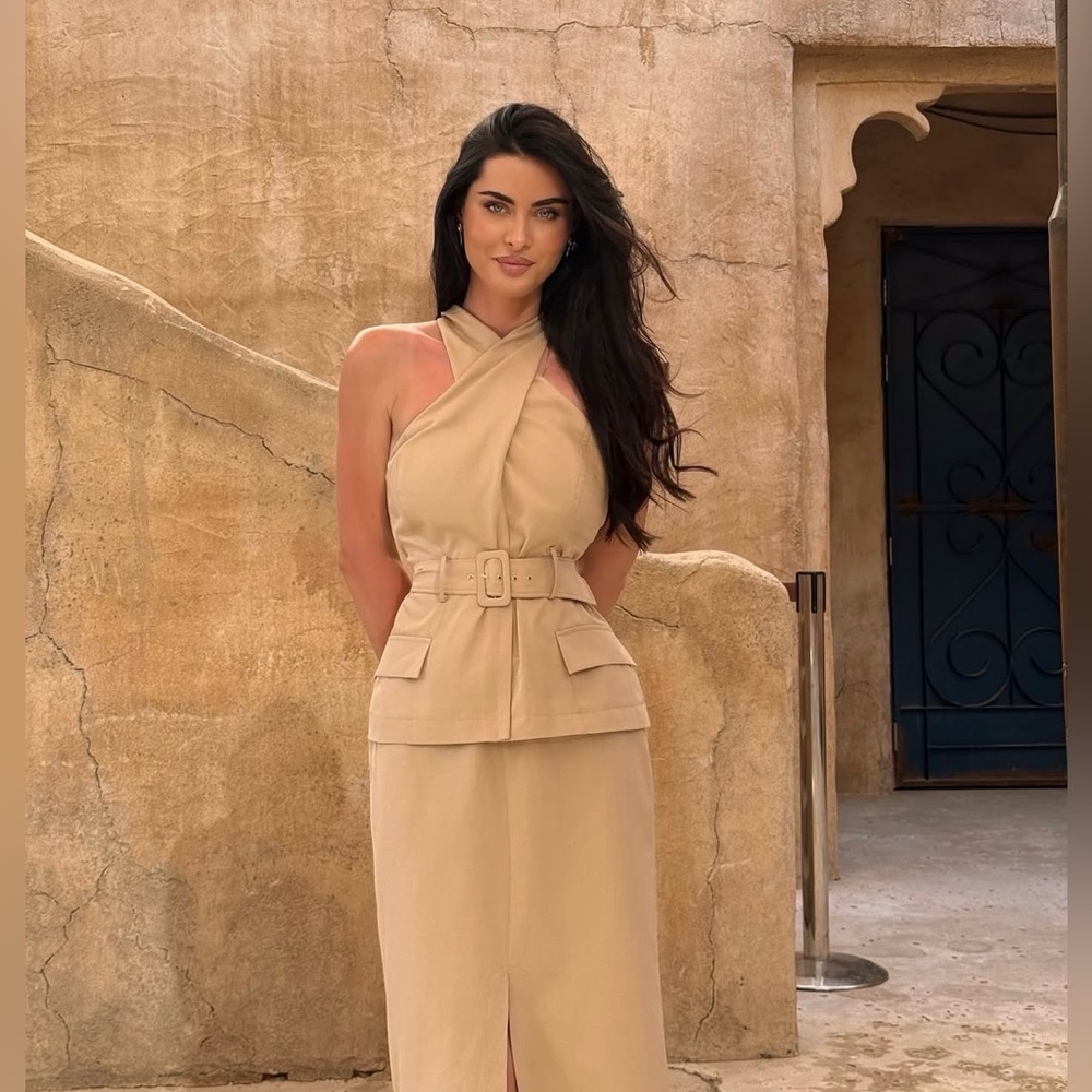Zara warm Beige Halter crossover midi dress waist belt business casual